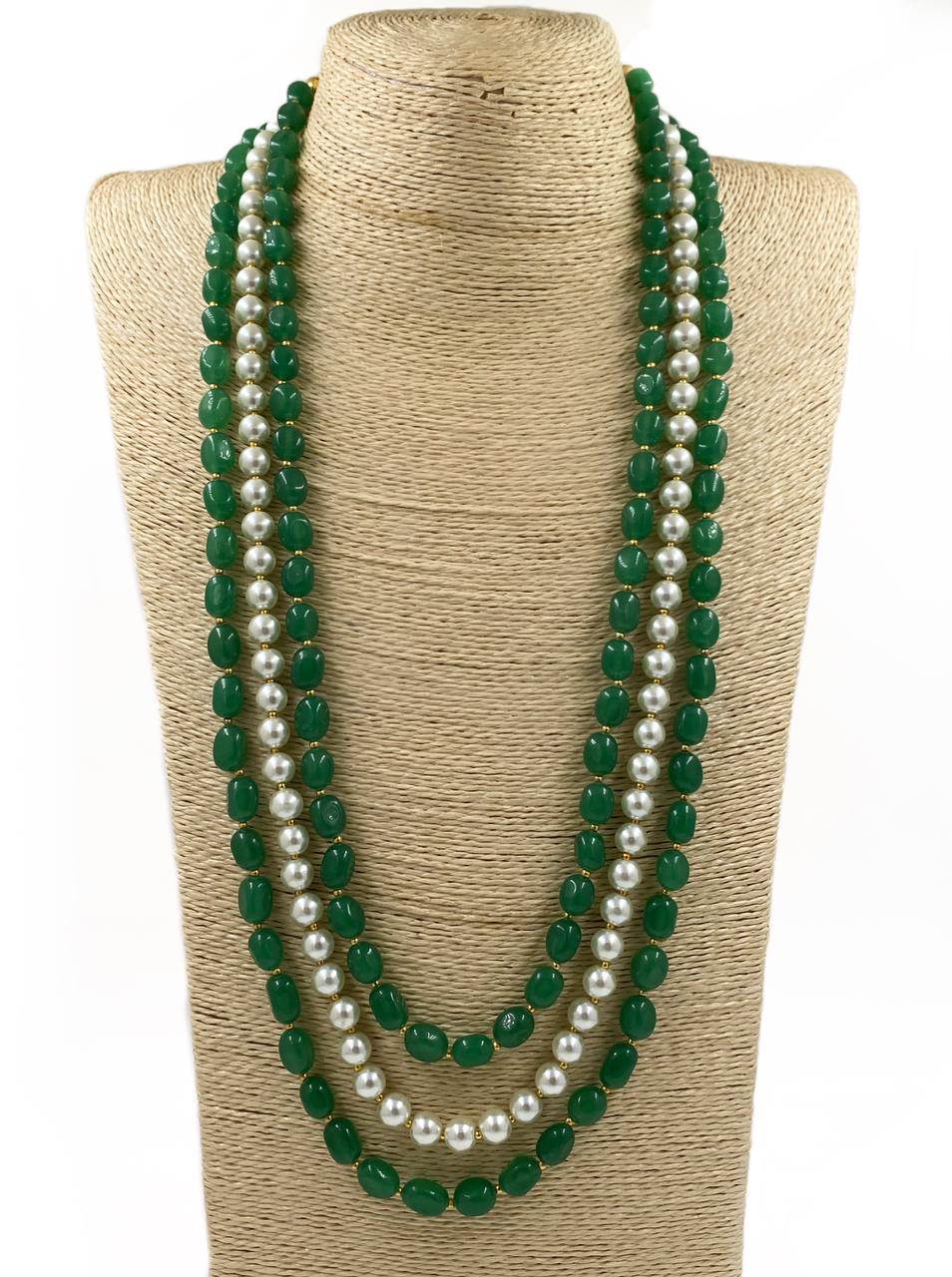 Semi Precious Triple Layered Green Jade And Pearl Mala Necklace For Men And Women Beads Jewellery