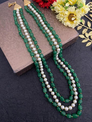 Semi Precious Triple Layered Green Jade And Pearl Mala Necklace For Men And Women Beads Jewellery