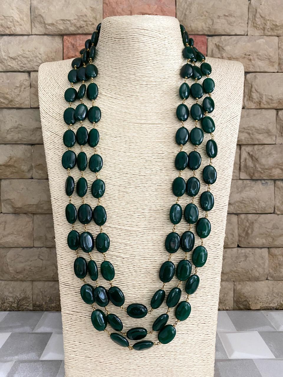 Semi Precious Triple Layered Green Jade Beaded Mala Necklace For Grooms And Ladies Beads Jewellery
