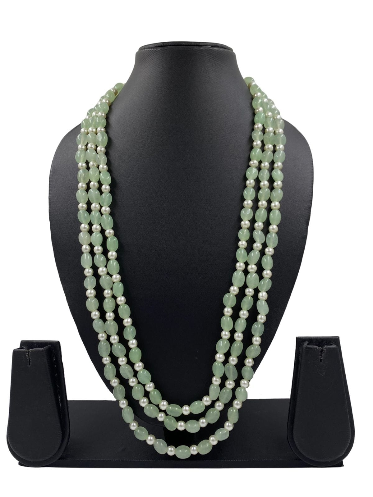 Semi Precious Triple Layered Mint Green Jade Beads Necklace For Men And Women Beads Jewellery