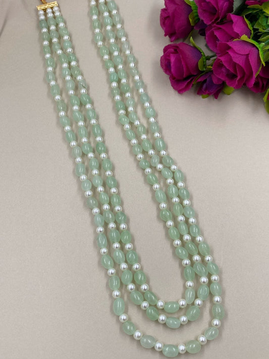 Semi Precious Triple Layered Mint Green Jade Beads Necklace For Men And Women Beads Jewellery