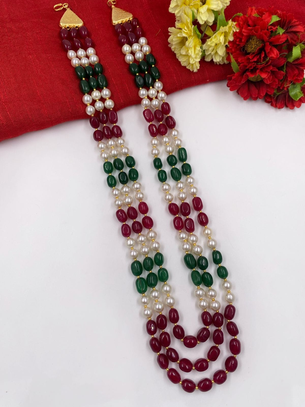 Semi Precious Triple Layered Multi Color Jade Beads Necklace For Men And Women Beads Jewellery