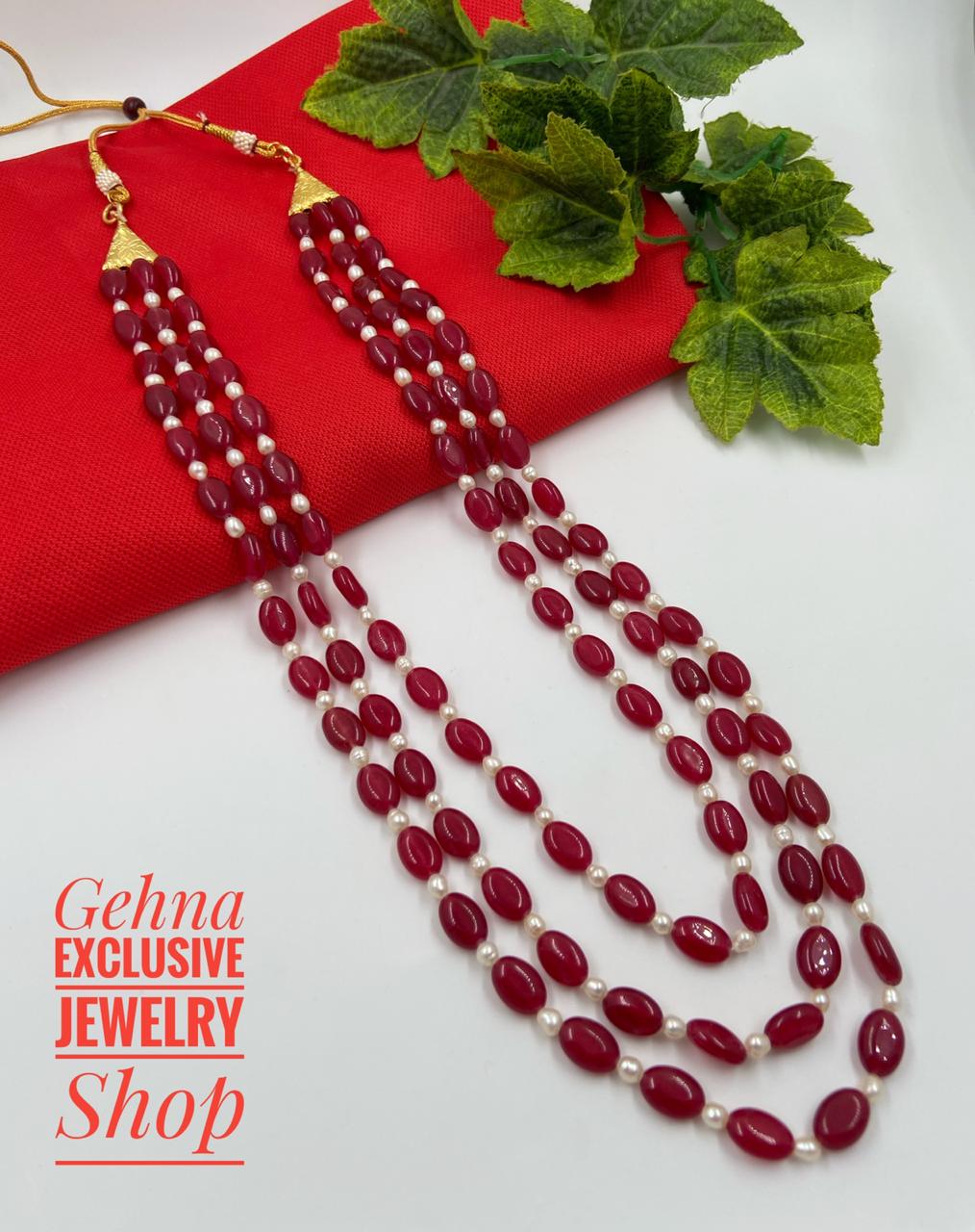 Semi Precious Triple Layered Ruby Red Jade Beads Necklace From Gehna Shop Beads Jewellery
