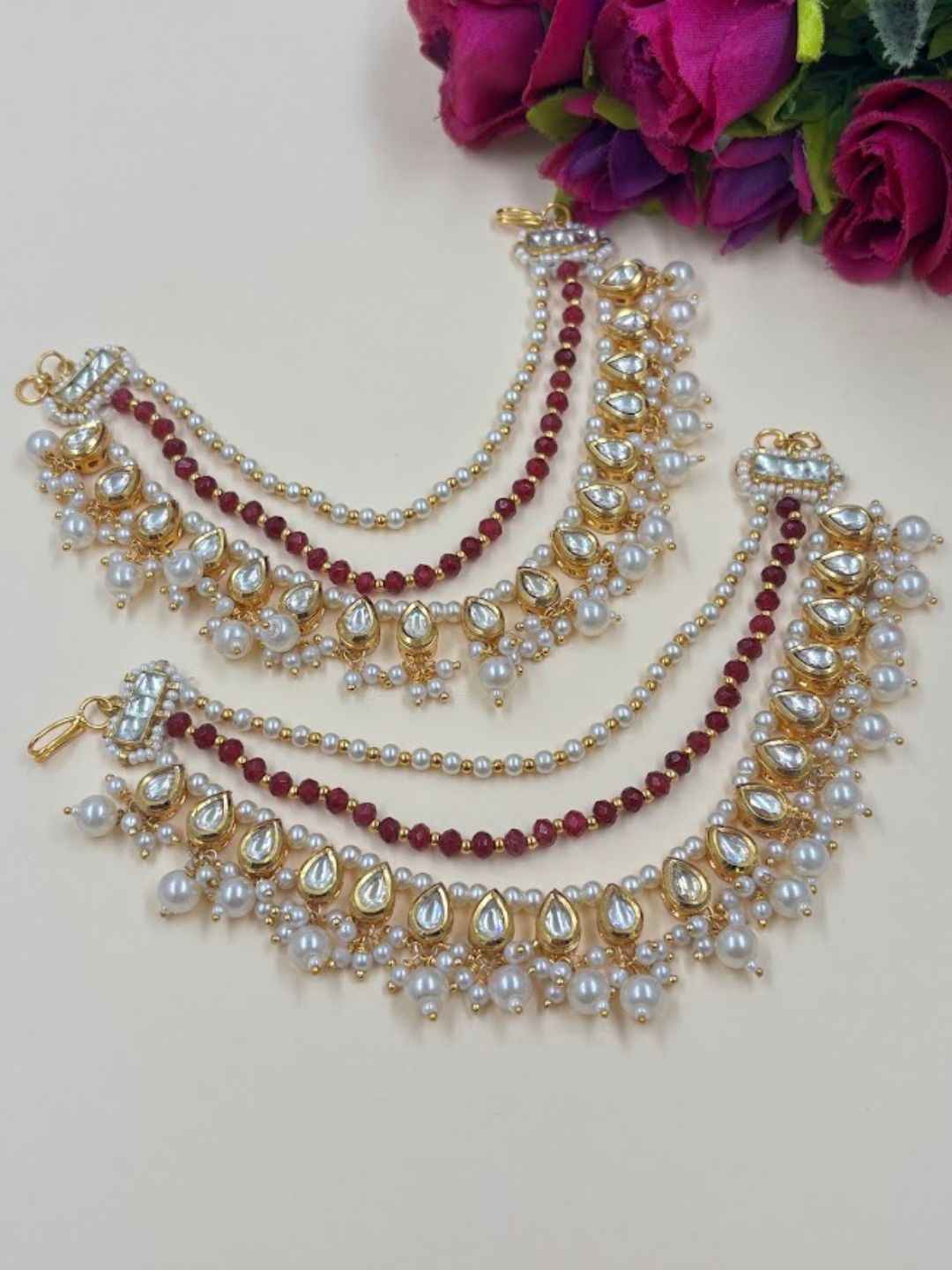 Traditional Gold Plated Kundan Pearl Earchain for Women | Kaan Sahar