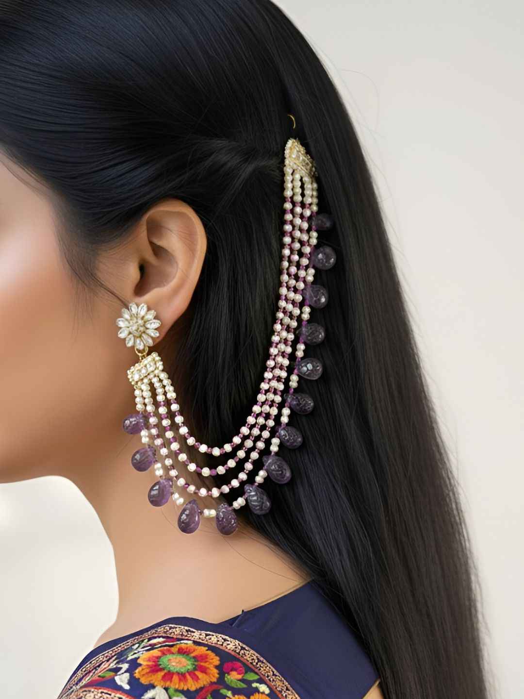 Designer Handcrafted Natural Amethyst And Real Freshwater Beaded Pearl Earchain For Weddings