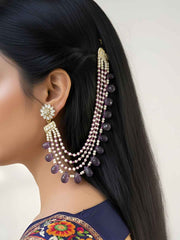 Designer Handcrafted Natural Amethyst And Real Freshwater Beaded Pearl Earchain For Weddings
