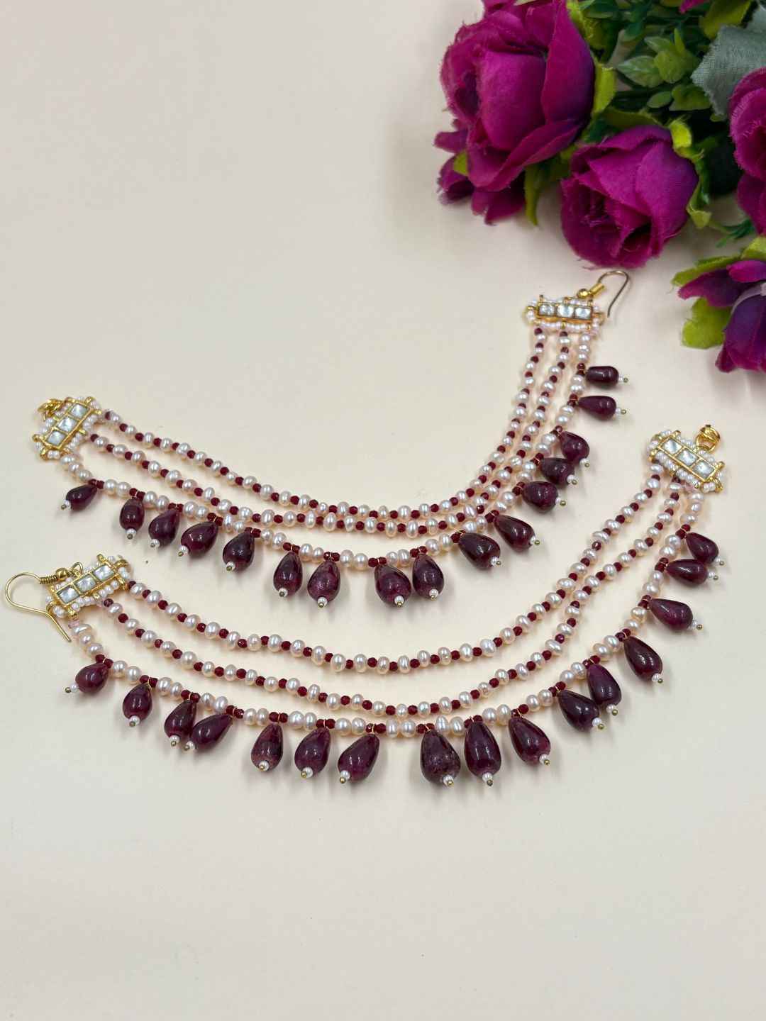 Handcrafted Real Ruby Drops And Freswater Pearls Hair Chain For Women
