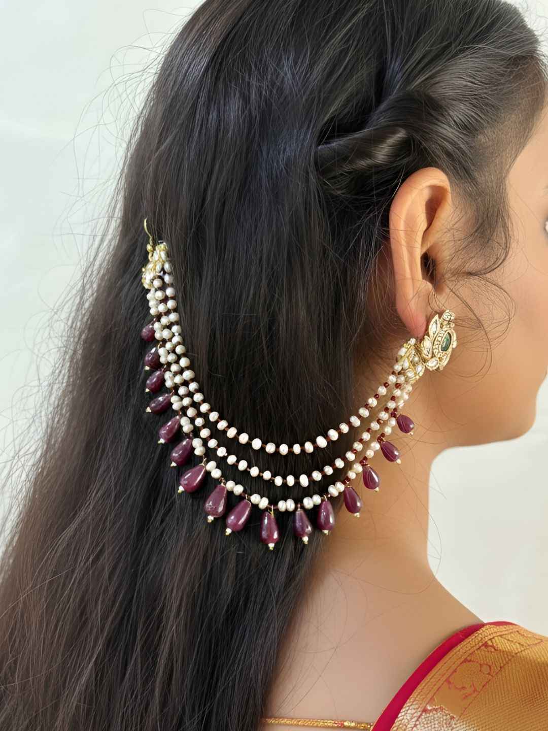 Handcrafted Real Ruby Drops And Freswater Pearls Hair Chain For Women