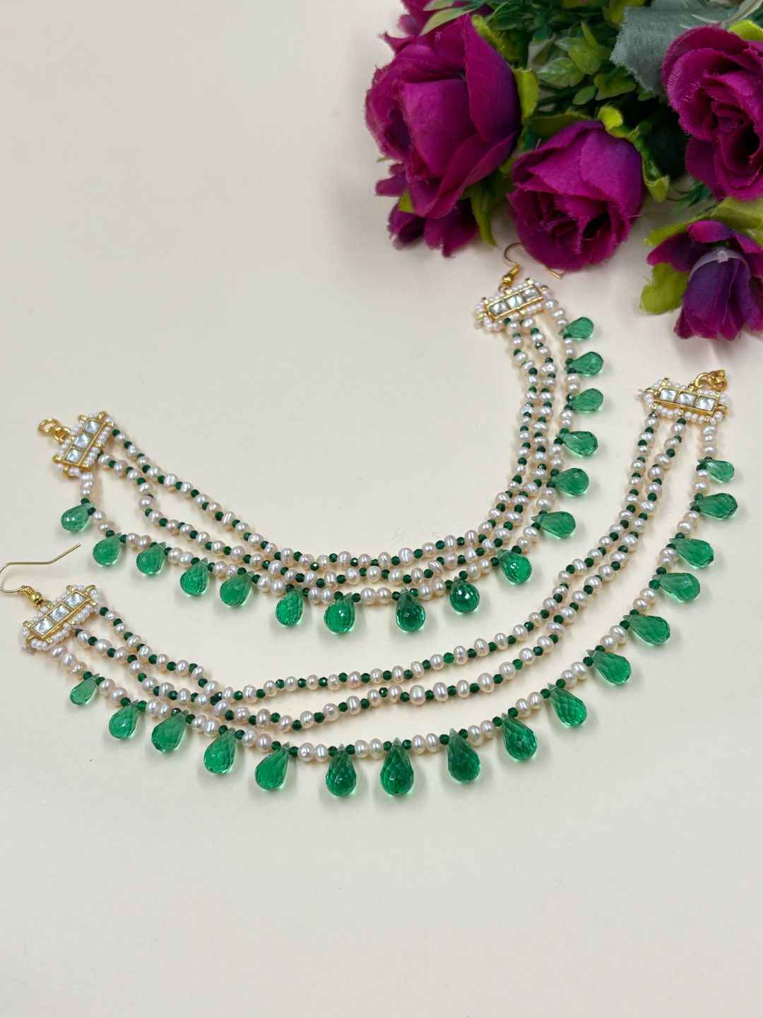 Designer Handcrafted Green Teardrop &  Natural Freshwater Pearls Ear Chain For Women