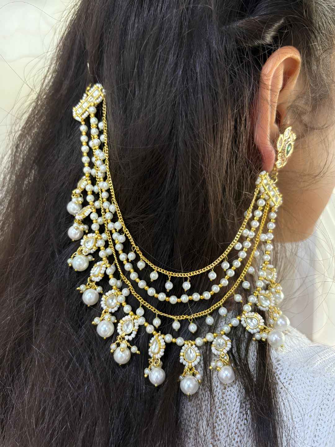 Traditional Multi Layered Kundan And Pearl Hair Chain For Women - Bridal Earchian