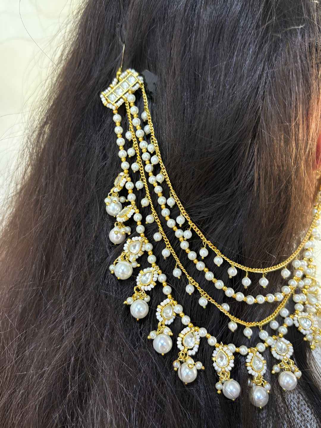 Traditional Multi Layered Kundan And Pearl Hair Chain For Women - Bridal Earchian