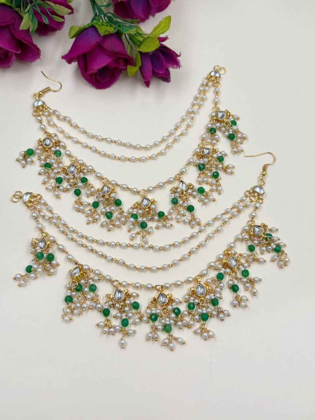 Gold Plated Kundan And Pearl Ganthan Ear Chain For Weddings | Traditional Matil Design