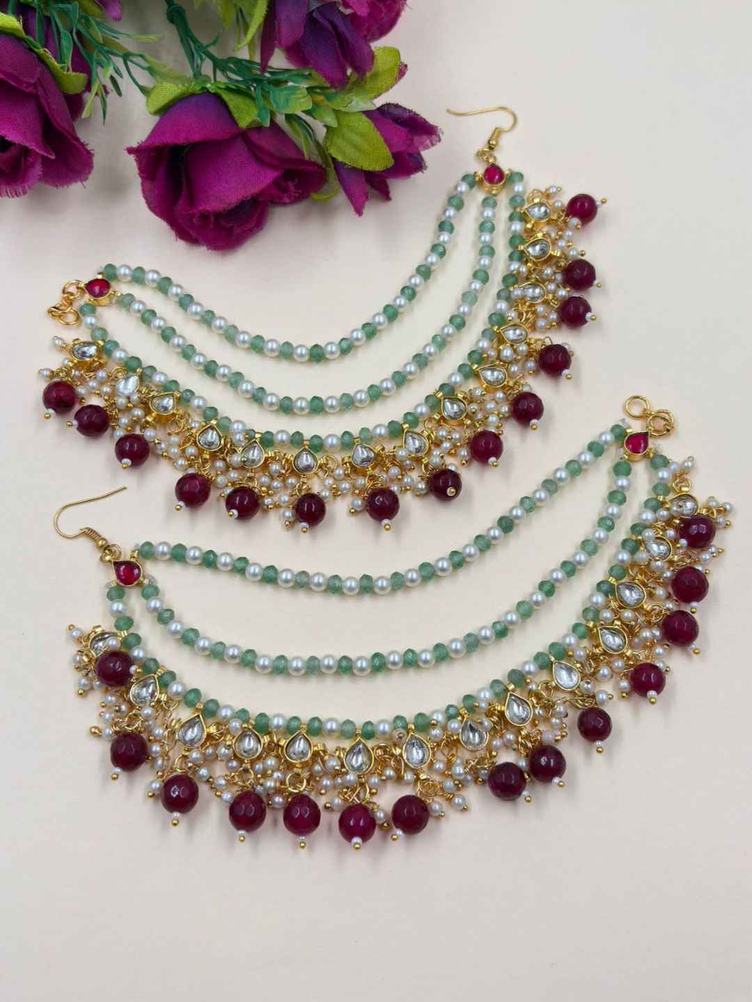 Handcrafted Layered Multicolor Beaded Kundan Hair Chain For Women | Traditional Ear Chain