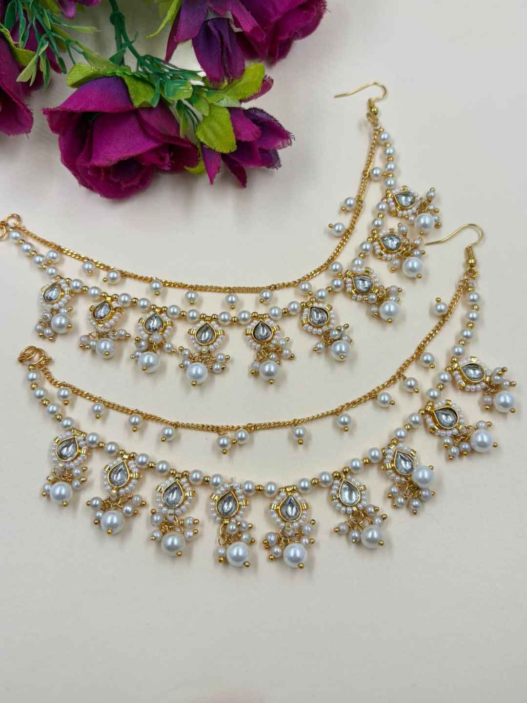 Traditional Kundan And Pearl Hair Chain For Women - Wedding & Festive Wear Ear Chain