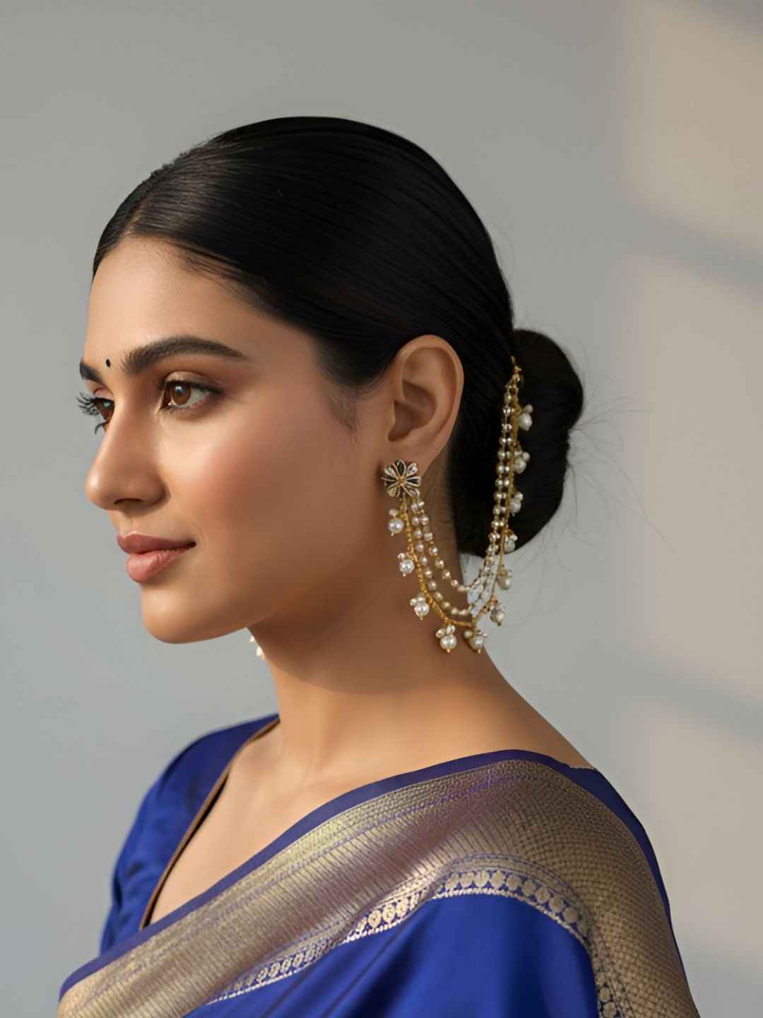 Gold Plated Pearl Earchain For Women | Traditional Kaan Chain