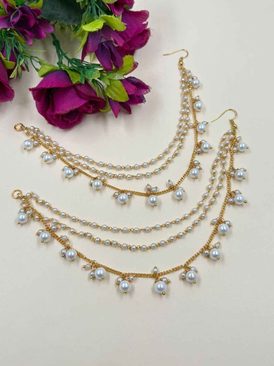 Gold Plated Pearl Earchain For Women | Traditional Kaan Chain