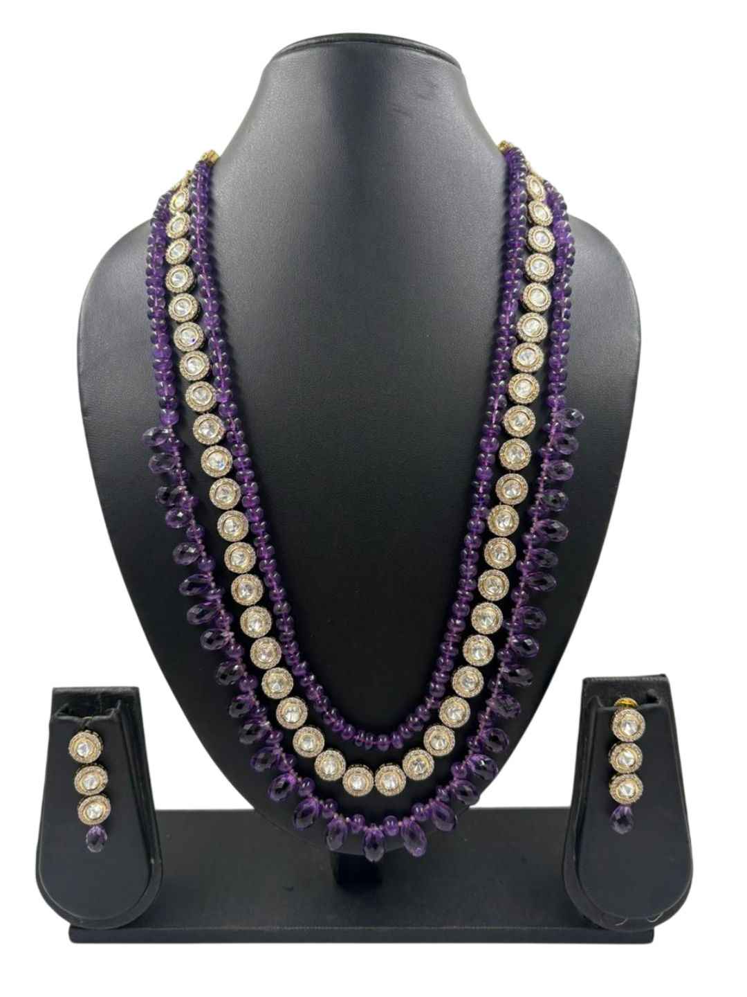 Elegant Kundan & Natural Amethyst Beaded Necklace Set For Women | Purple Jewellery Set
