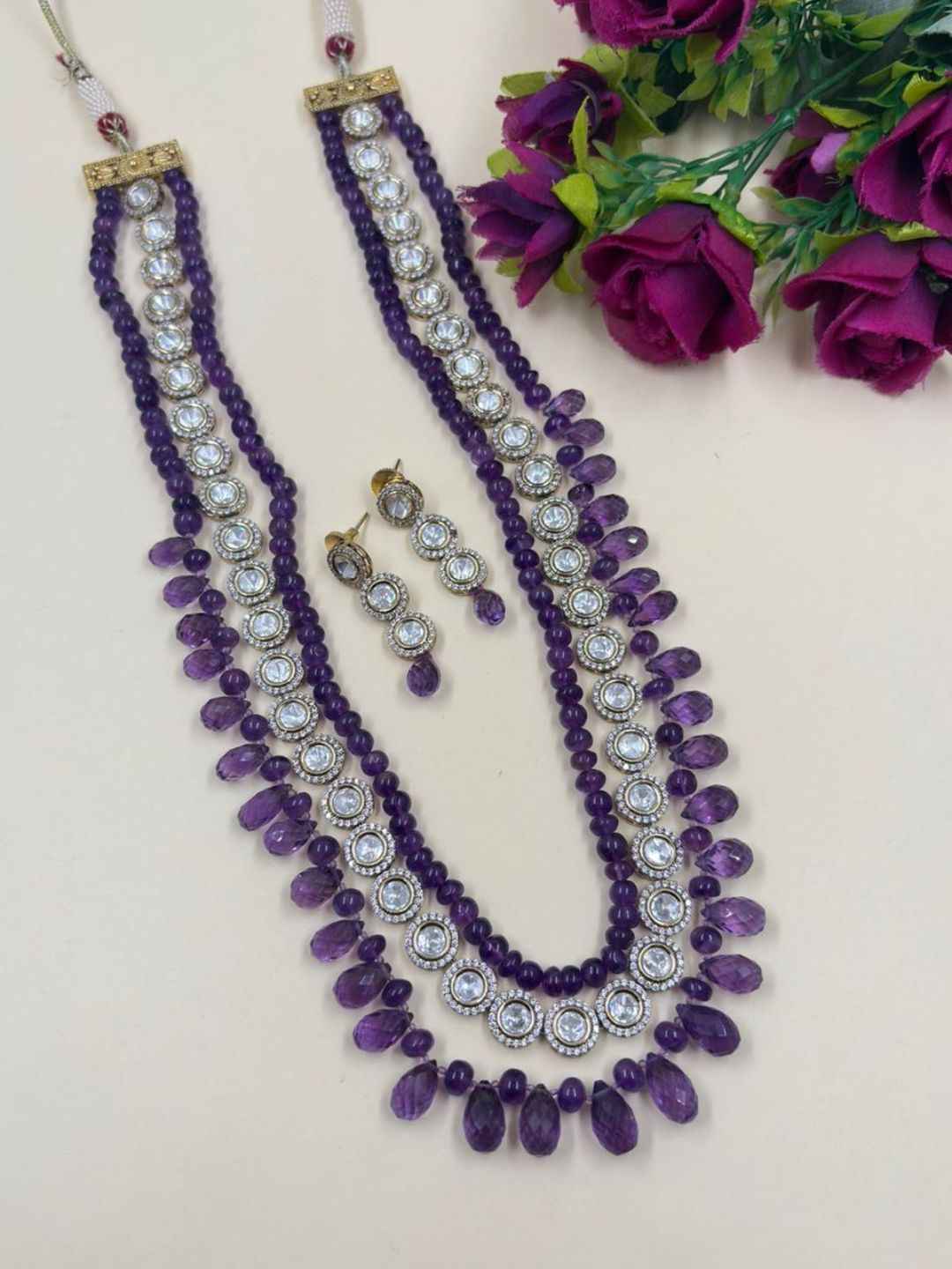 Elegant Kundan & Natural Amethyst Beaded Necklace Set For Women | Purple Jewellery Set