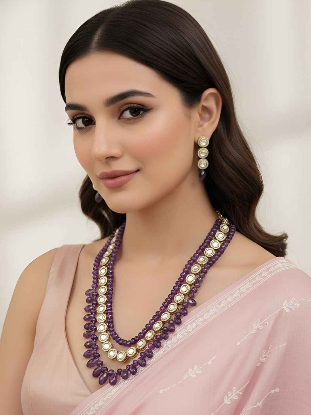 Elegant Kundan & Natural Amethyst Beaded Necklace Set For Women | Purple Jewellery Set