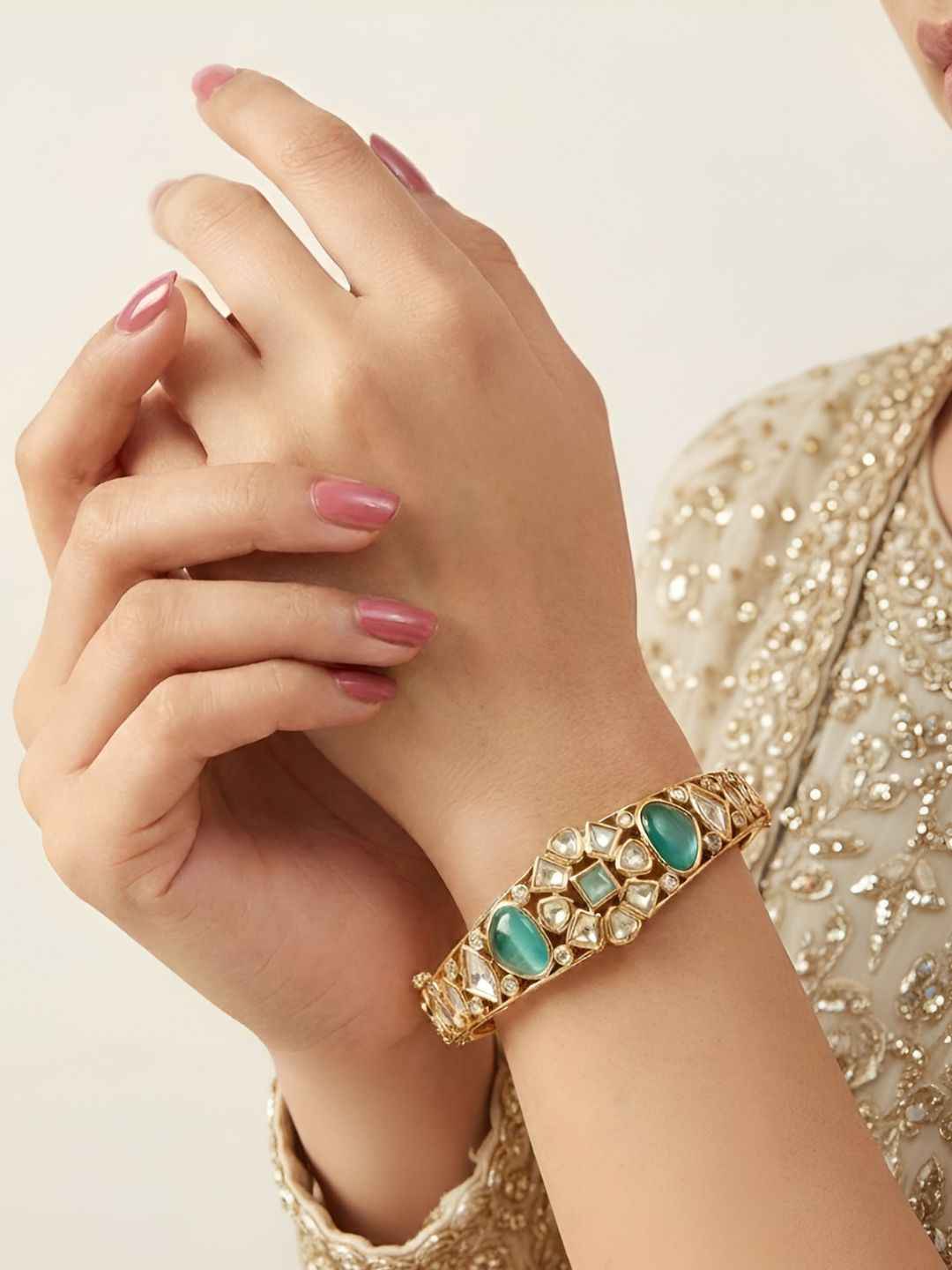 Elegant mint green Kundan Polki Bracelet For Women - Festive & Wedding Wear Bracelet