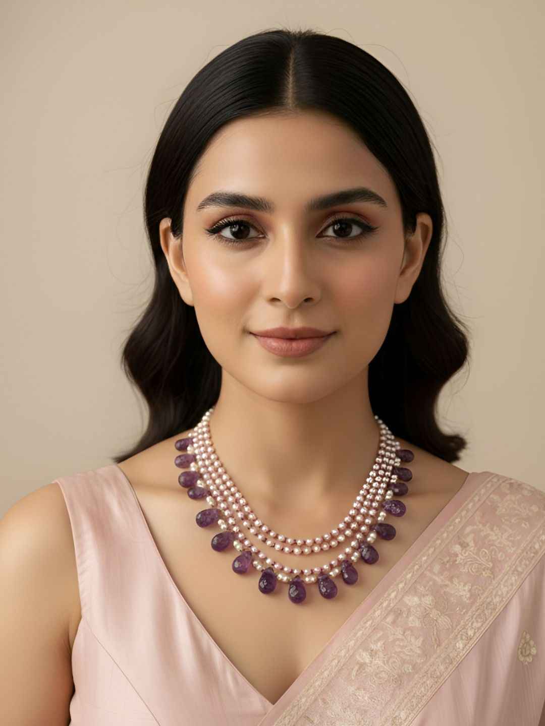 Designer Amethyst Carved Drops And Freshwater Pearls Beaded Necklace For Women