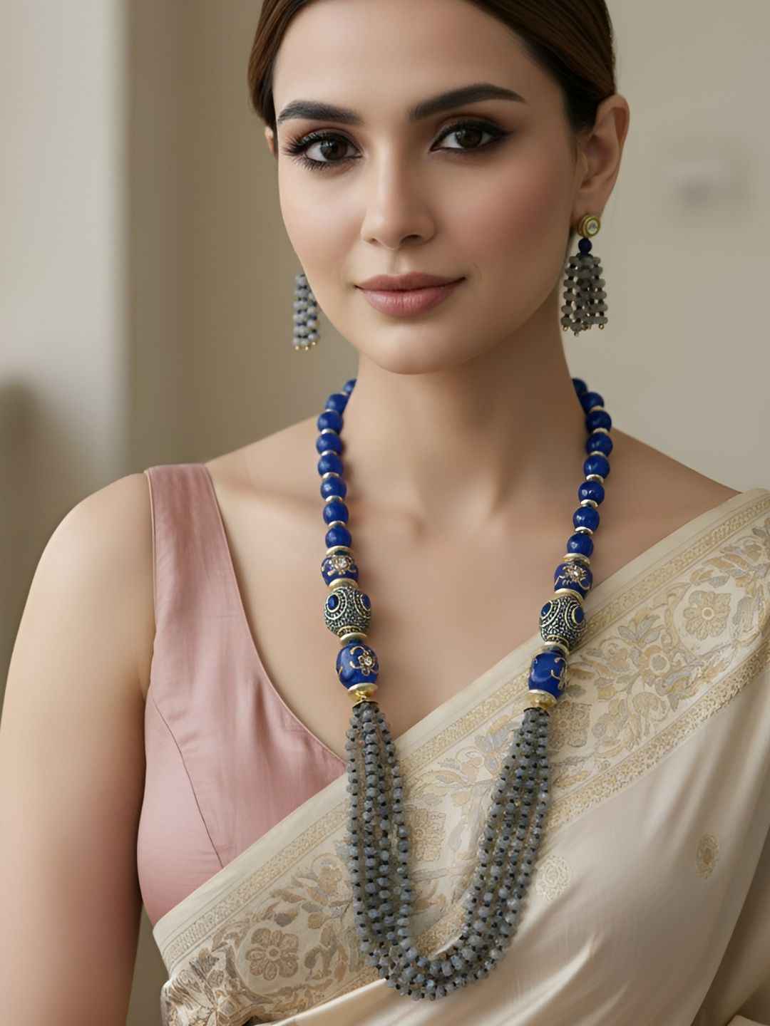 Designer Blue Jade & Natural Labradorite Gemstone Beaded Necklace Set For Women