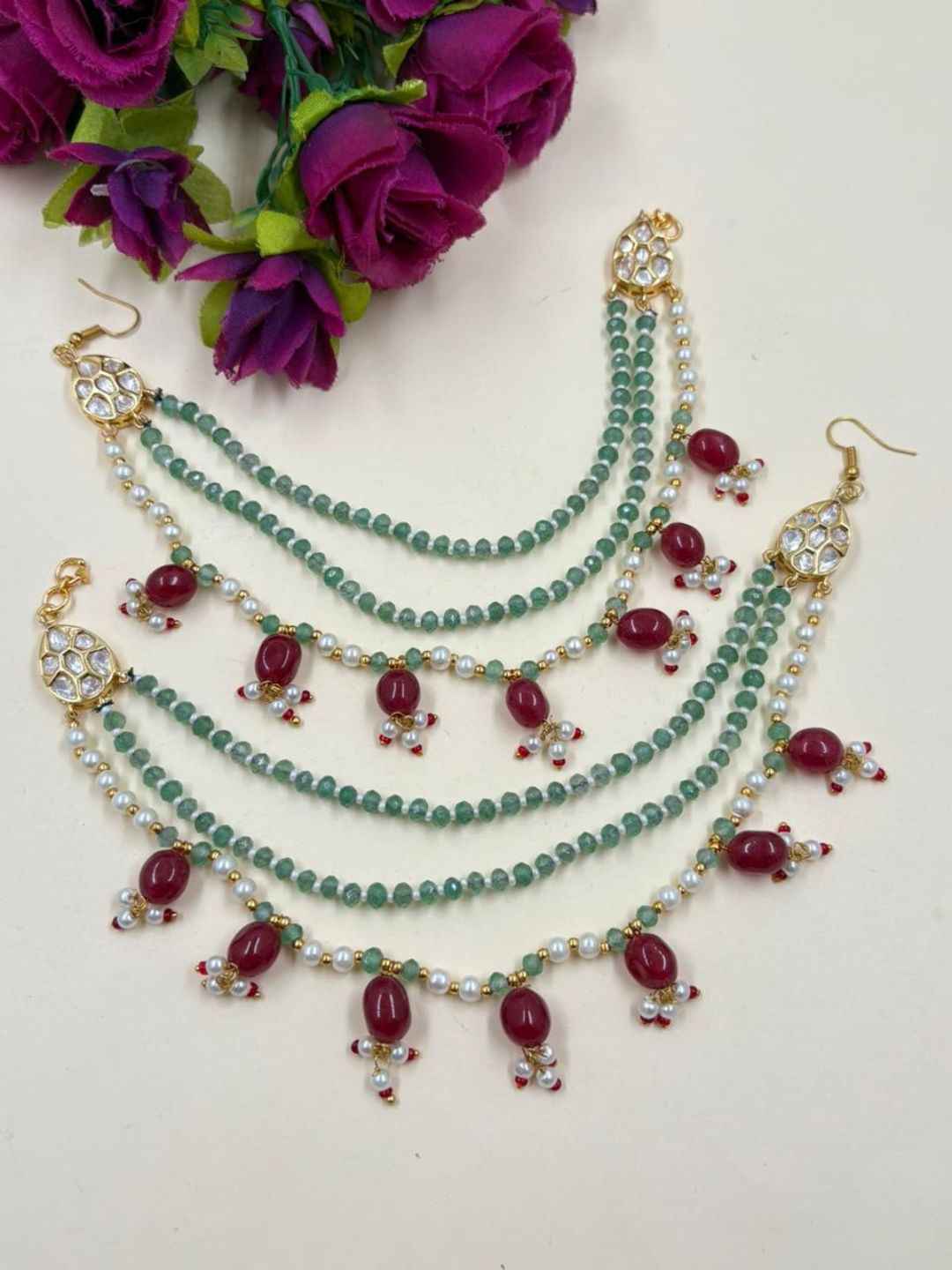 Designer Handcrafted Kundan Multicolor Beaded Earchain For Women - Traditional Hair Chain