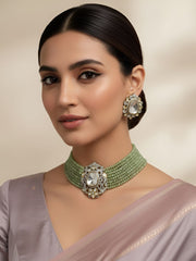 Victorian Plated Polki Kundan Green Beaded Choker Necklace Set For Women 