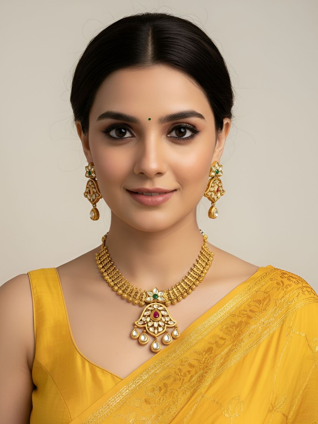 Gold Plated Antique Kundan & Ruby Stone Studded Golden Necklace Set For Women