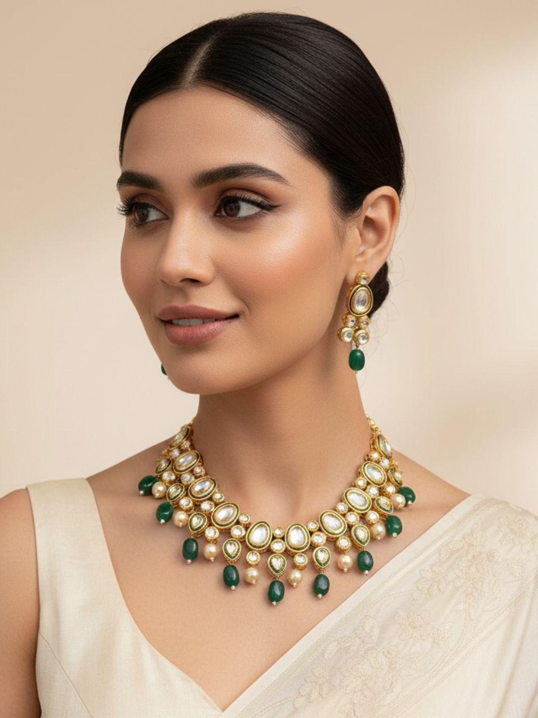 Gold Plated Green Kundan Necklace Set For Weddings And Parties