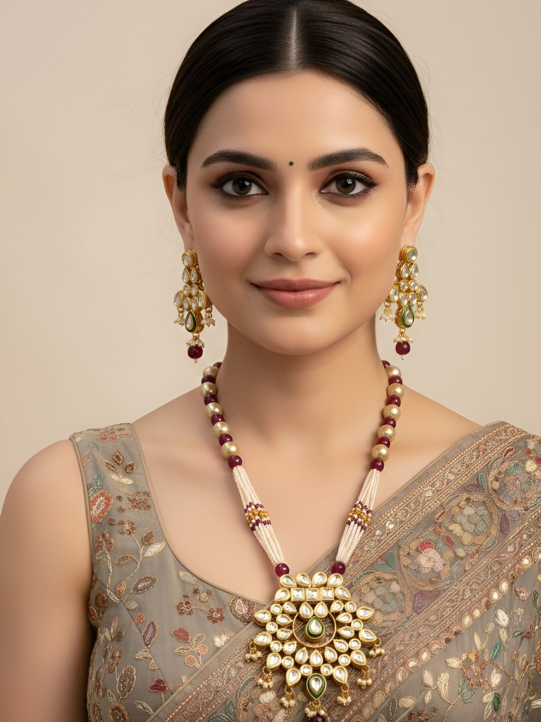 Designer Gold Plated Kundan Pendant Necklace Set For Woman