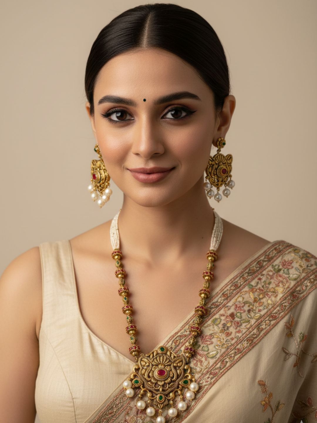 Traditional Gold Plated Antique Kundan Pendant With Pearls Necklace Set For Ladies