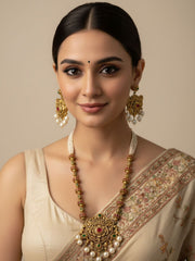 Traditional Gold Plated Antique Kundan Pendant With Pearls Necklace Set For Ladies