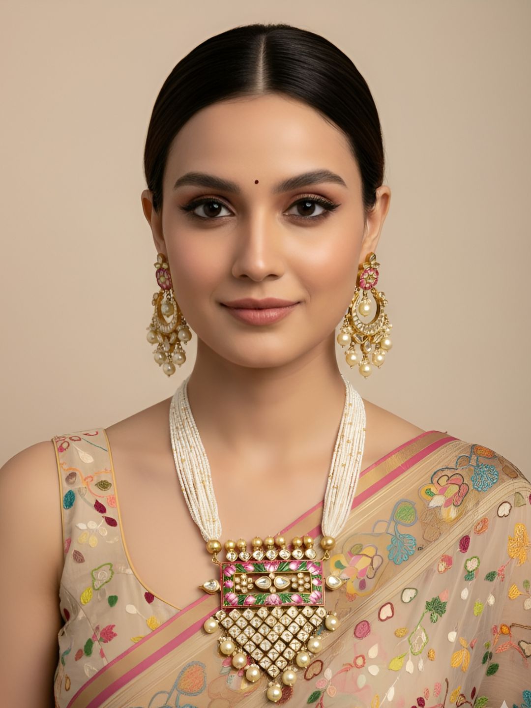 Gold Plated Lotus Design Kundan Jadau Pendant With Pearl Beads Necklace Set For Woman