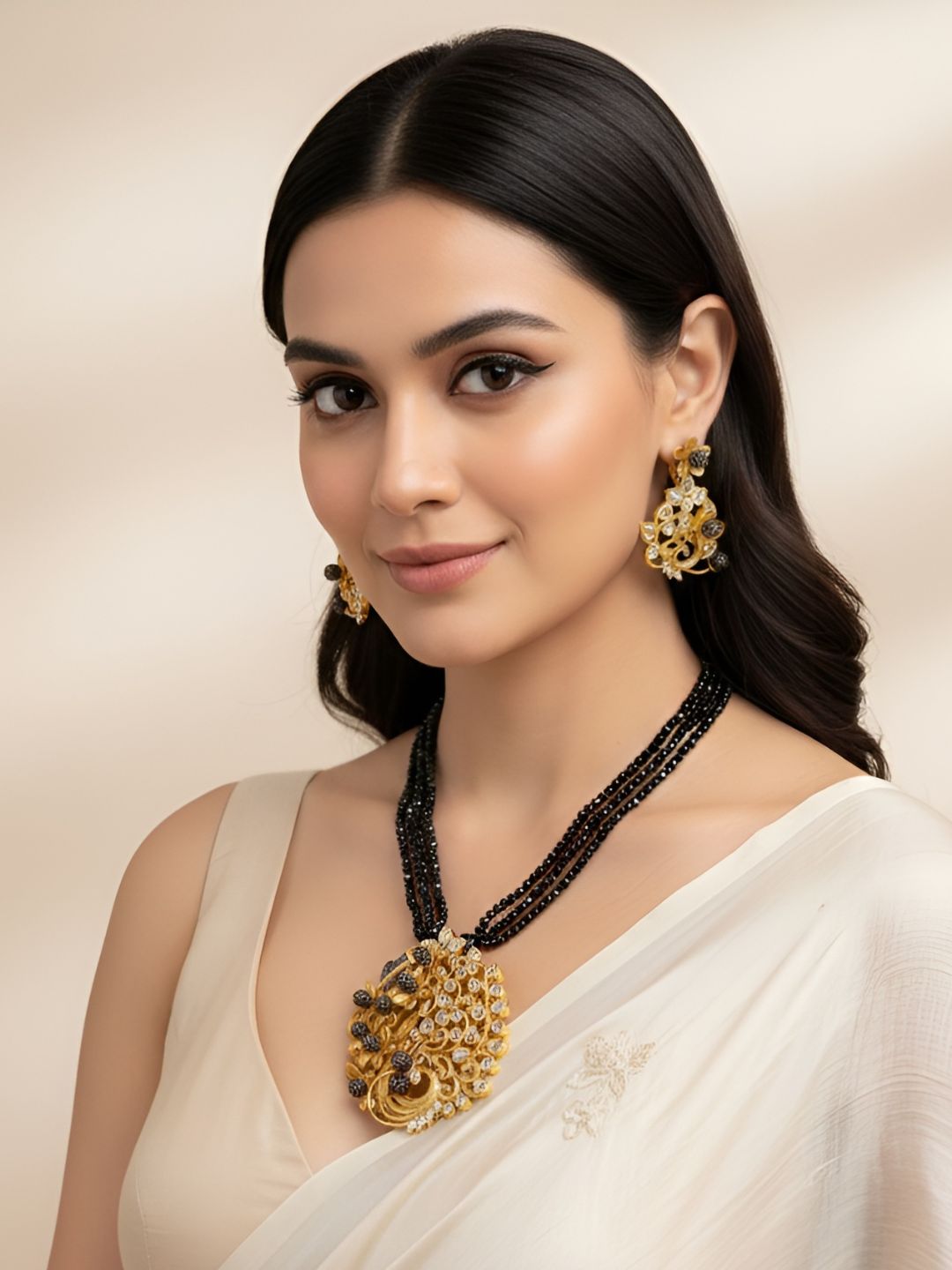 Designer Antique Kundan Pendant With Multi Layered Black Beads