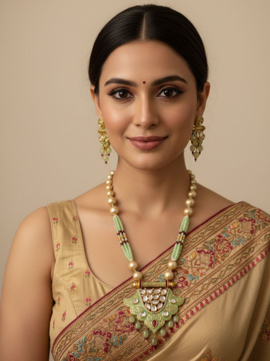 Traditional Designer Mint Color Kundan Necklace Set For Woman