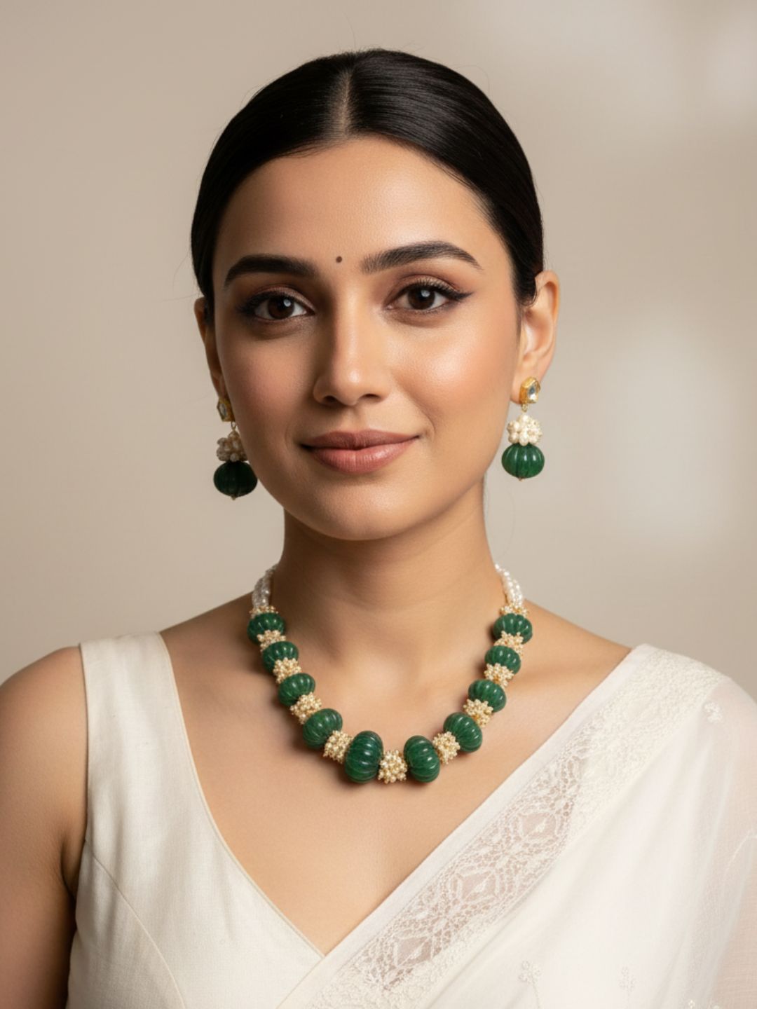 Handcrafted Semi-Precious Green Jade Stone Watermelon Shaped Beaded Necklace Set For Women