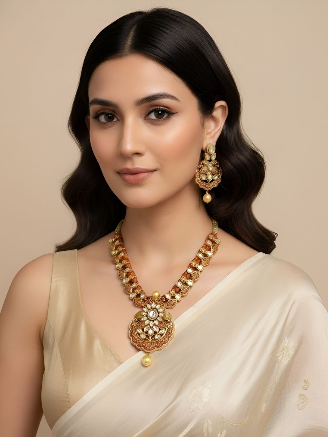 Designer Gold Plated Gheru Polish Kundan Necklace For Weddings By Gehna Shop