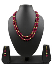 Double Layered Pink Jade Kharbuja Beads Necklace Set For Women