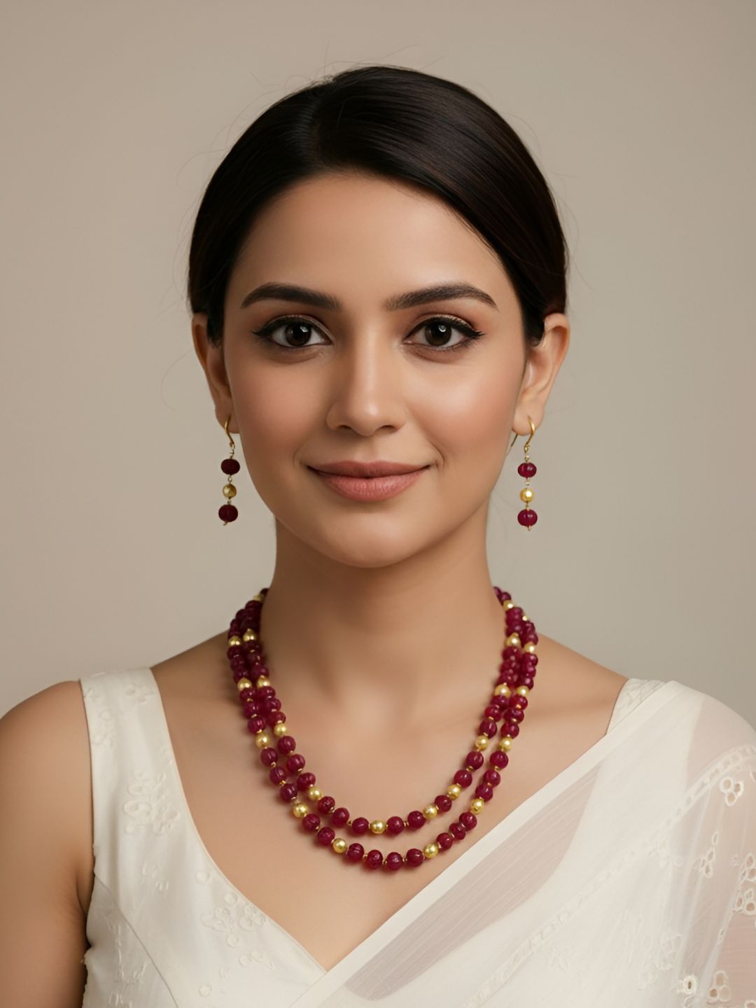 Double Layered Pink Jade Kharbuja Beads Necklace Set For Women