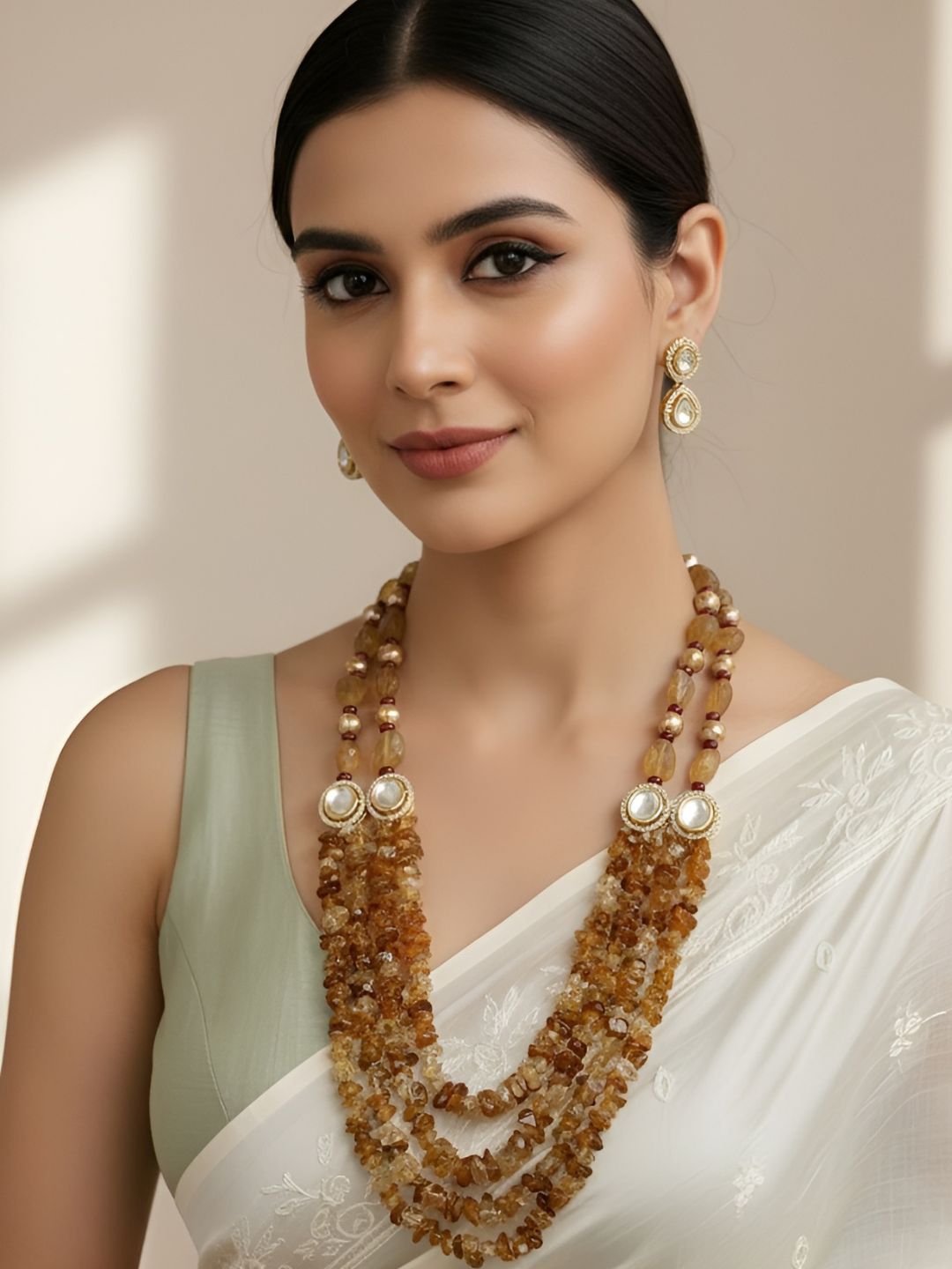 Stylish Semi Precious Gemstone Citrine Chips Beads Necklace Set For Women - Festive Gemstone Beaded Necklaces