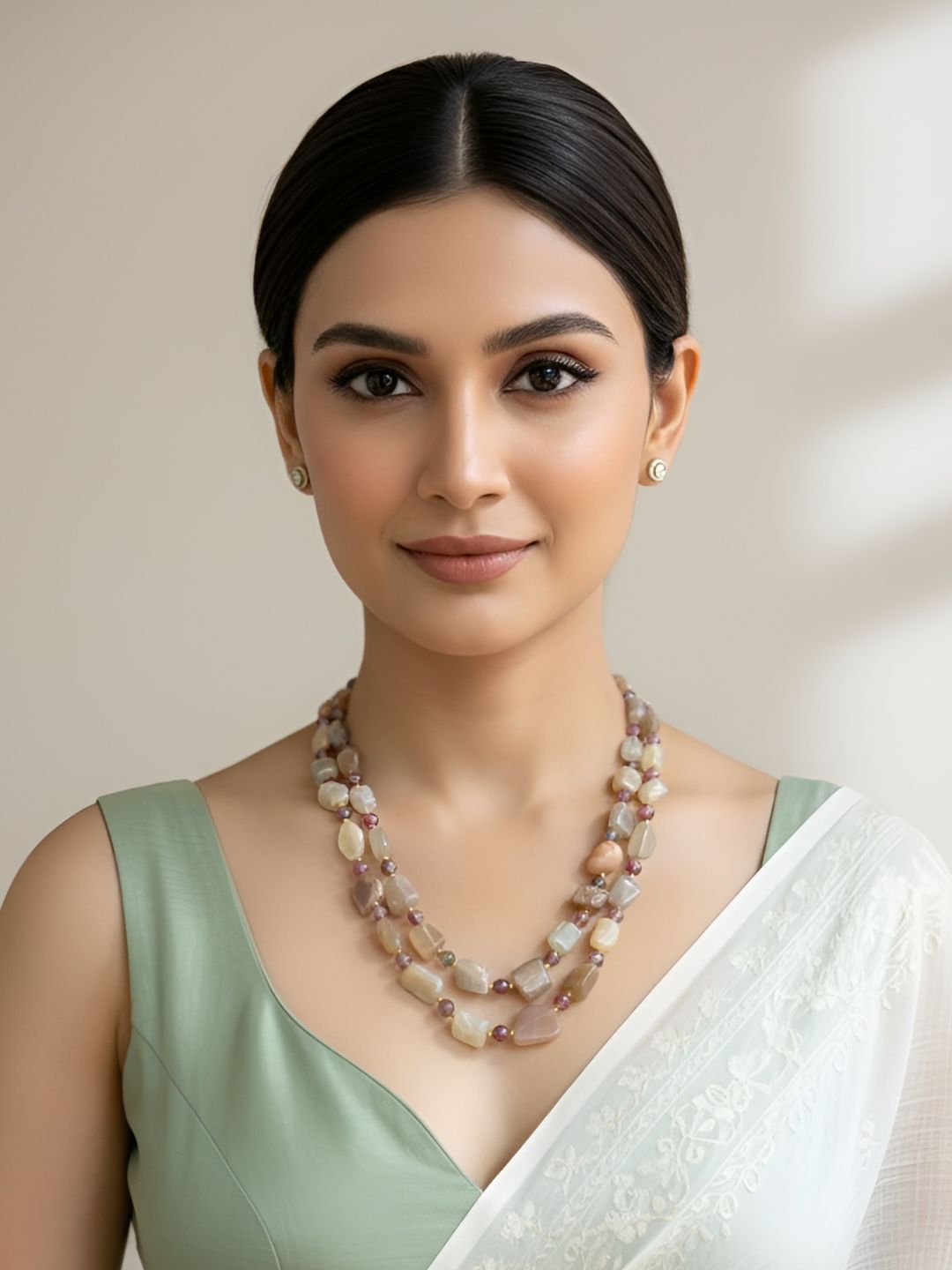 Semi Precious Tumble Shape Natural Double Layered Moonstone Beads Necklace - Elegant, Versatile And Earthy