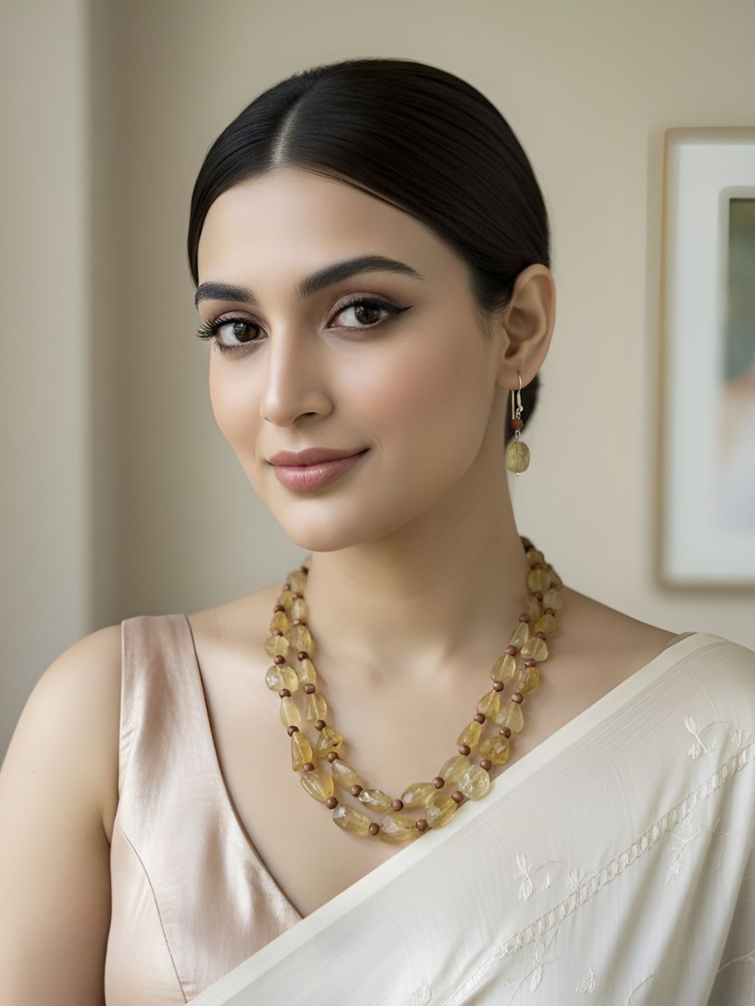 Layered Yellow Citrine Gemstone Beaded Jewellery Set For Women - Perfect Indo Western Wear