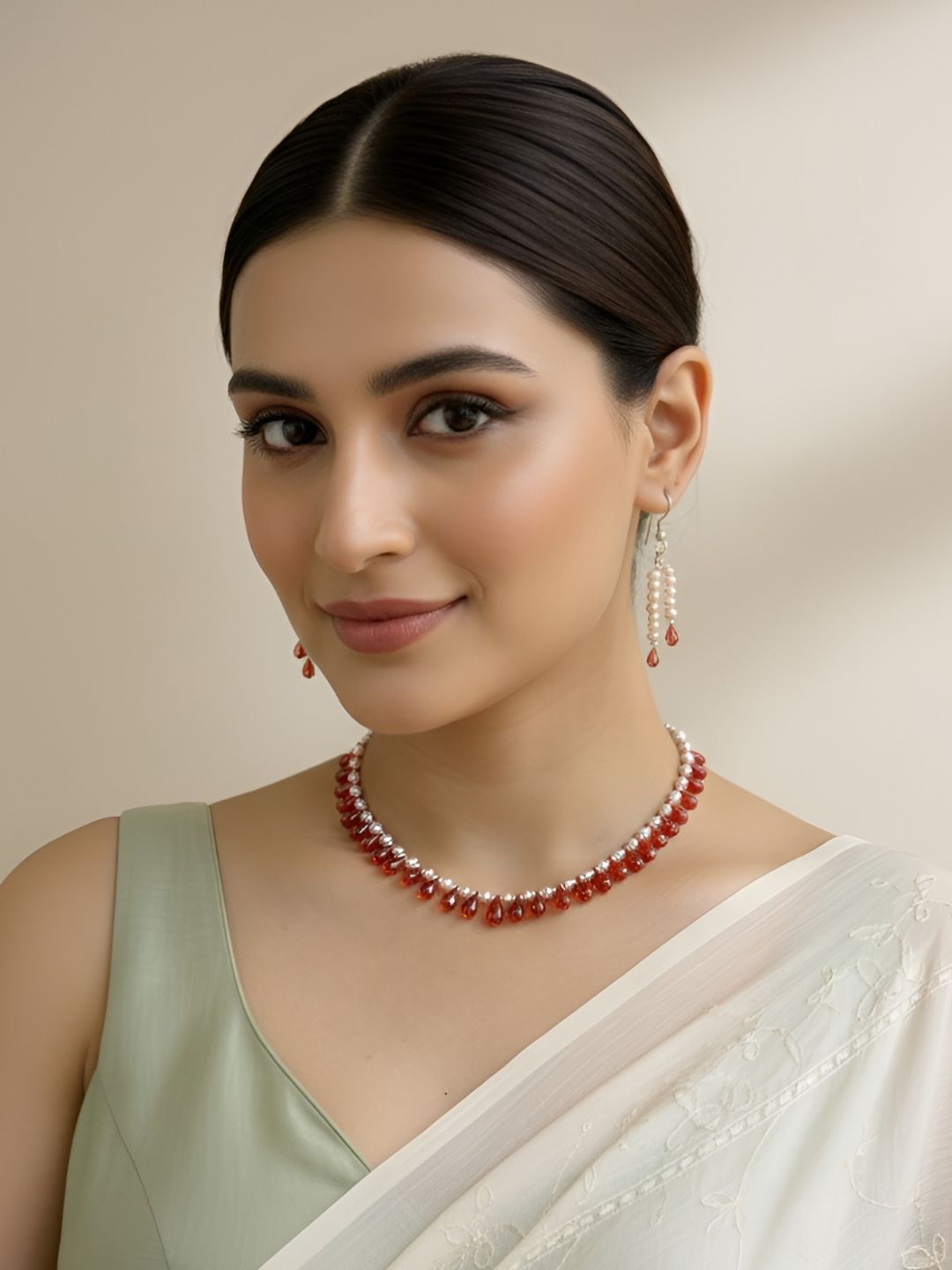 Exquisite Real Rose Pink Freshwater Pearls With Carnelian Teardrops Beads Necklace For Women