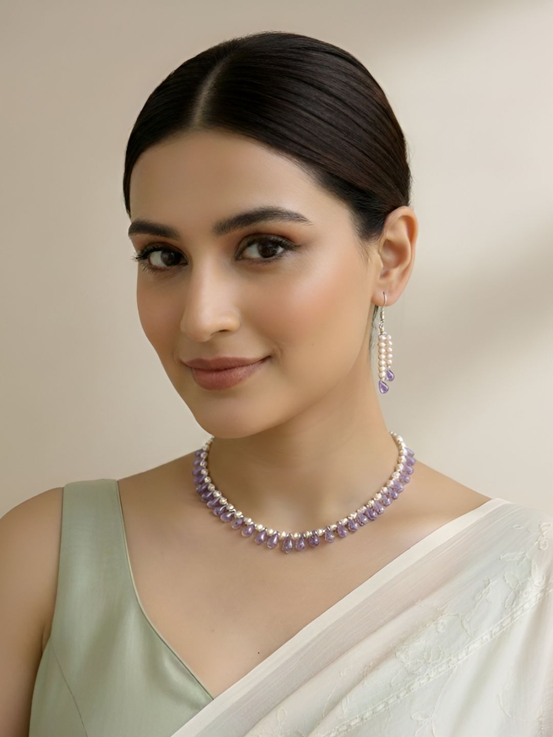 Beautiful Rose Pink Freshwater Pearls With CZ Purple Stone Teardrops Beads Necklace For Women