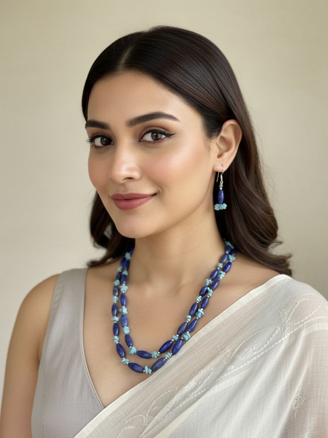 Layered Blue Lapis Lazuli Gemstone Beaded Necklace Set For Women