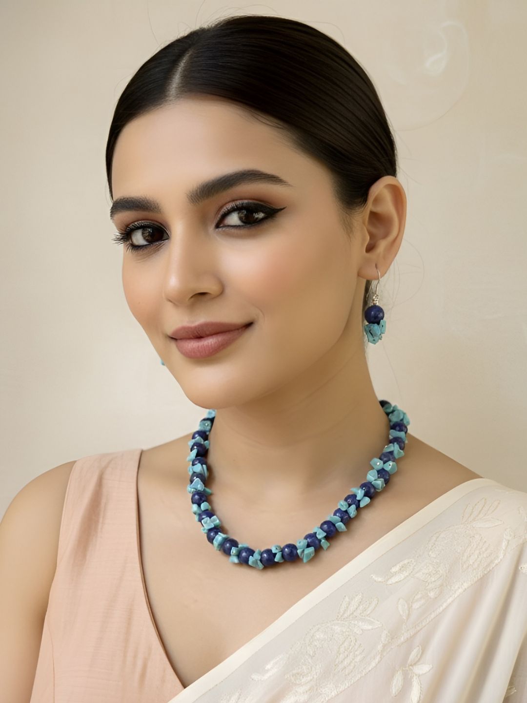 Semi Precious Lapis Lazuli Handcrafted Beaded Necklace Set For Women