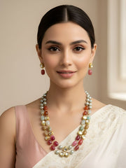 Elegant Double Strand Multicolor Chalcedony Stones Beaded Necklace Set For Women