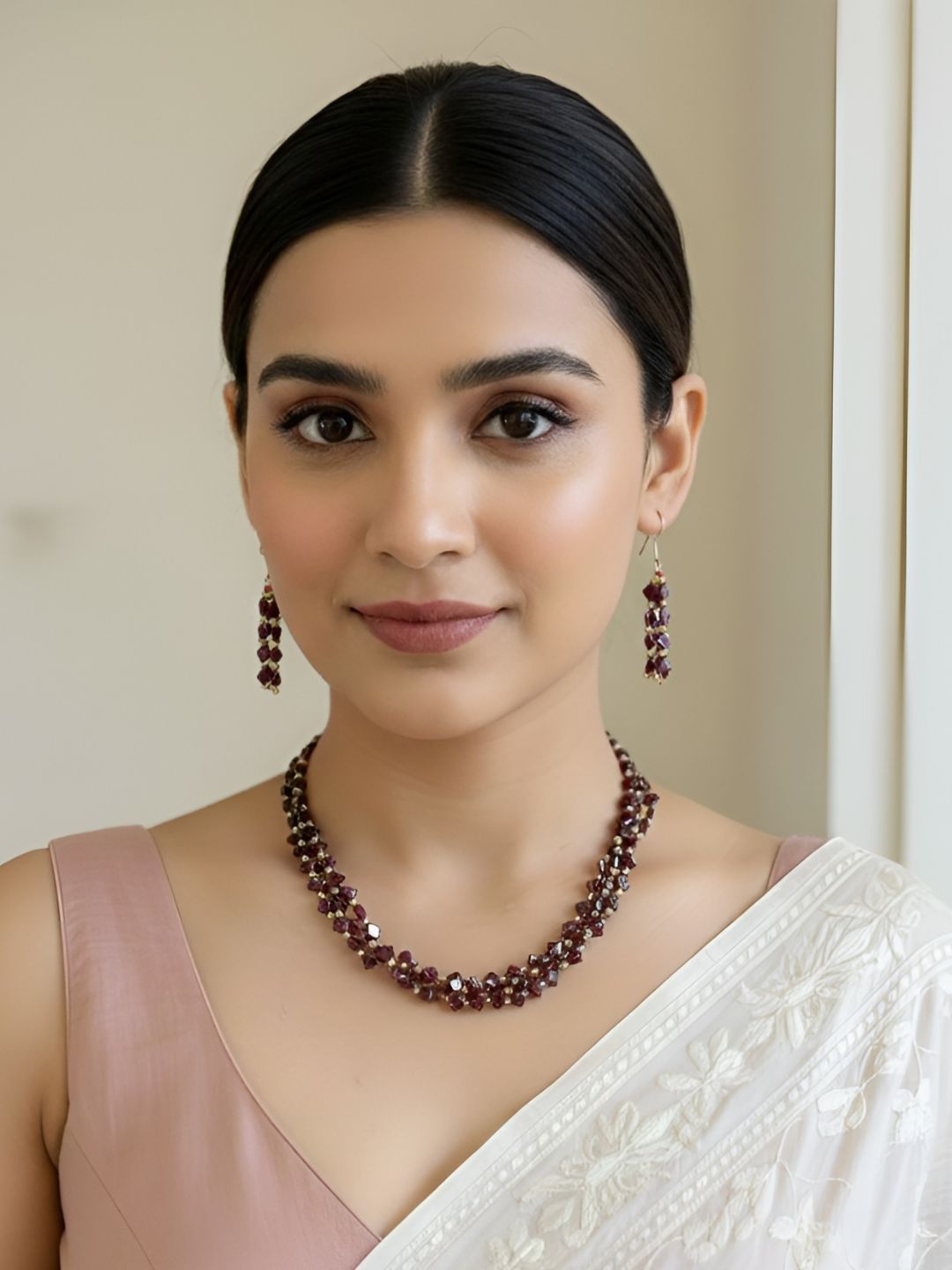 Elegant Semi Precious Gemstone Garnet Beads Necklace Set For Women