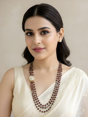 Garnet Gemstone Beads With Side Kundan Brooch Beaded Necklace Set For Women